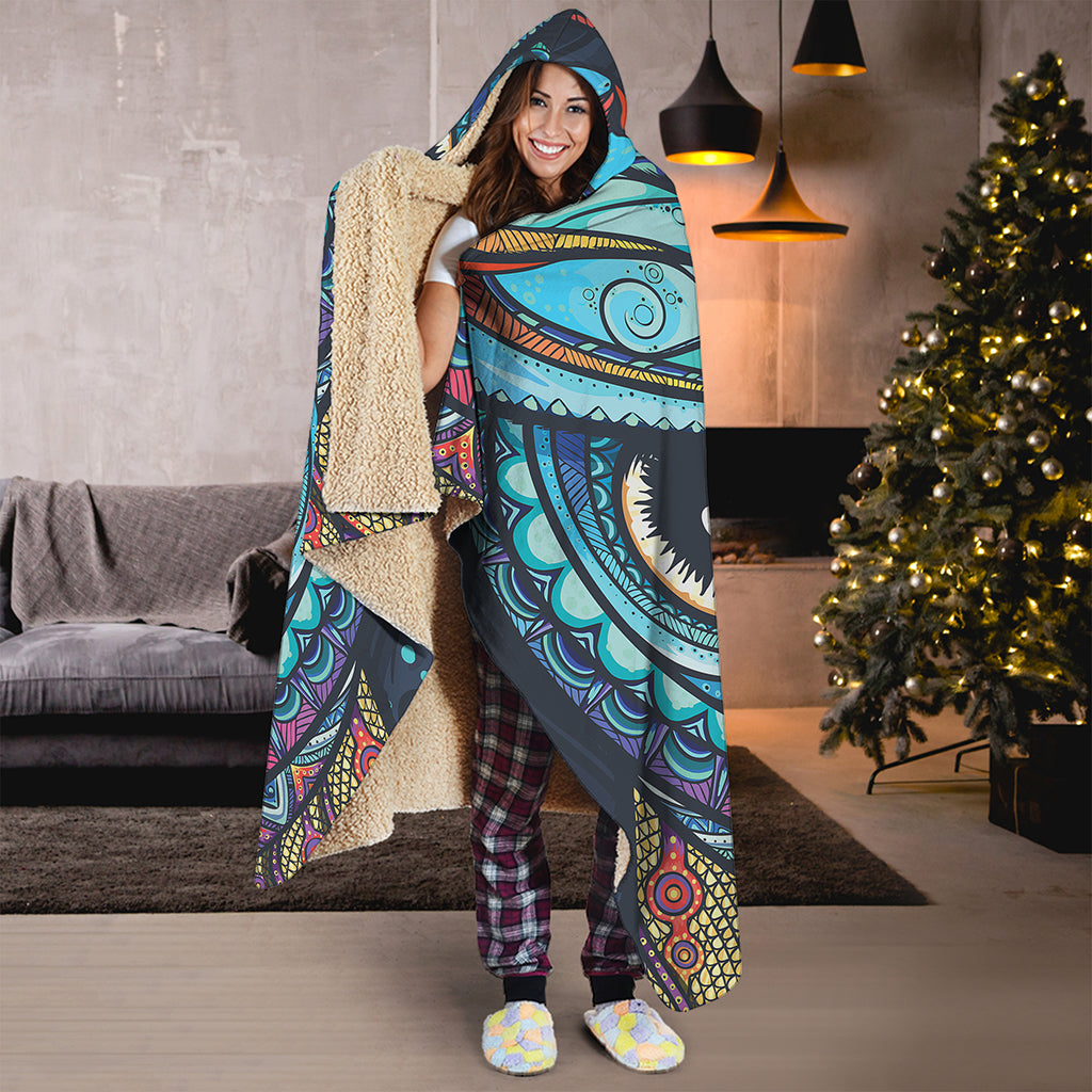Colorful Tribal Owl Print Hooded Blanket