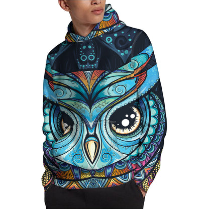 Colorful Tribal Owl Print Pullover Hoodie