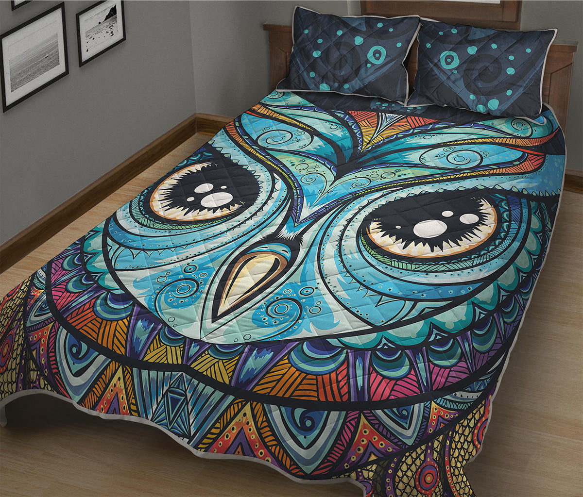 Colorful Tribal Owl Print Quilt Bed Set
