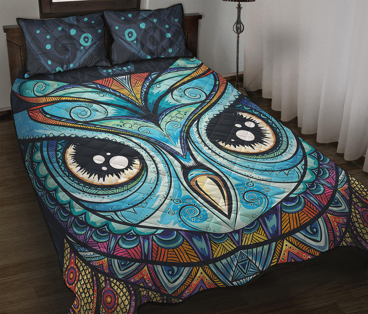 Colorful Tribal Owl Print Quilt Bed Set
