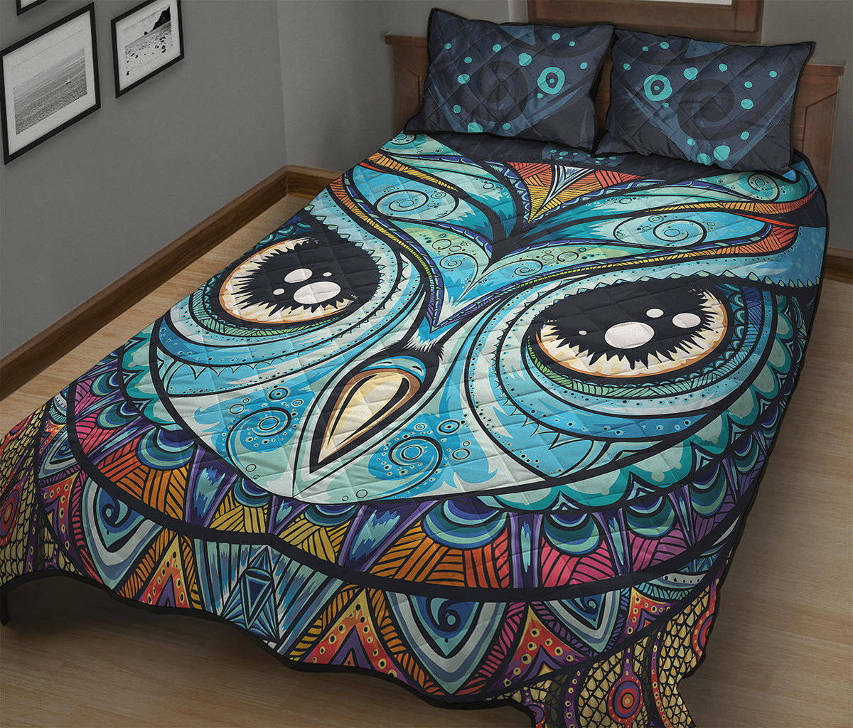 Colorful Tribal Owl Print Quilt Bed Set