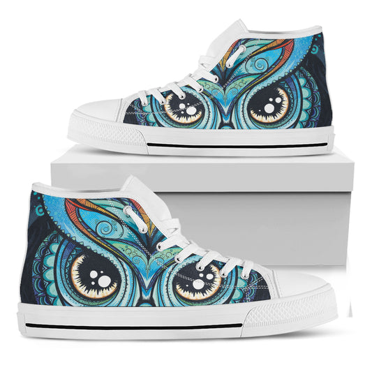 Colorful Tribal Owl Print White High Top Shoes