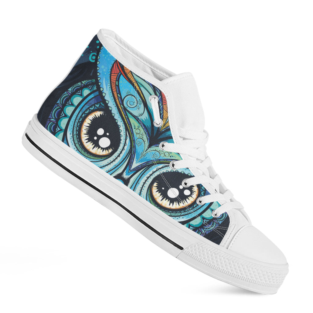 Colorful Tribal Owl Print White High Top Shoes