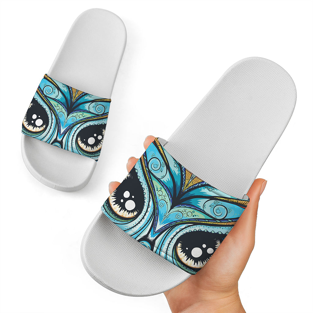 Colorful Tribal Owl Print White Slide Sandals