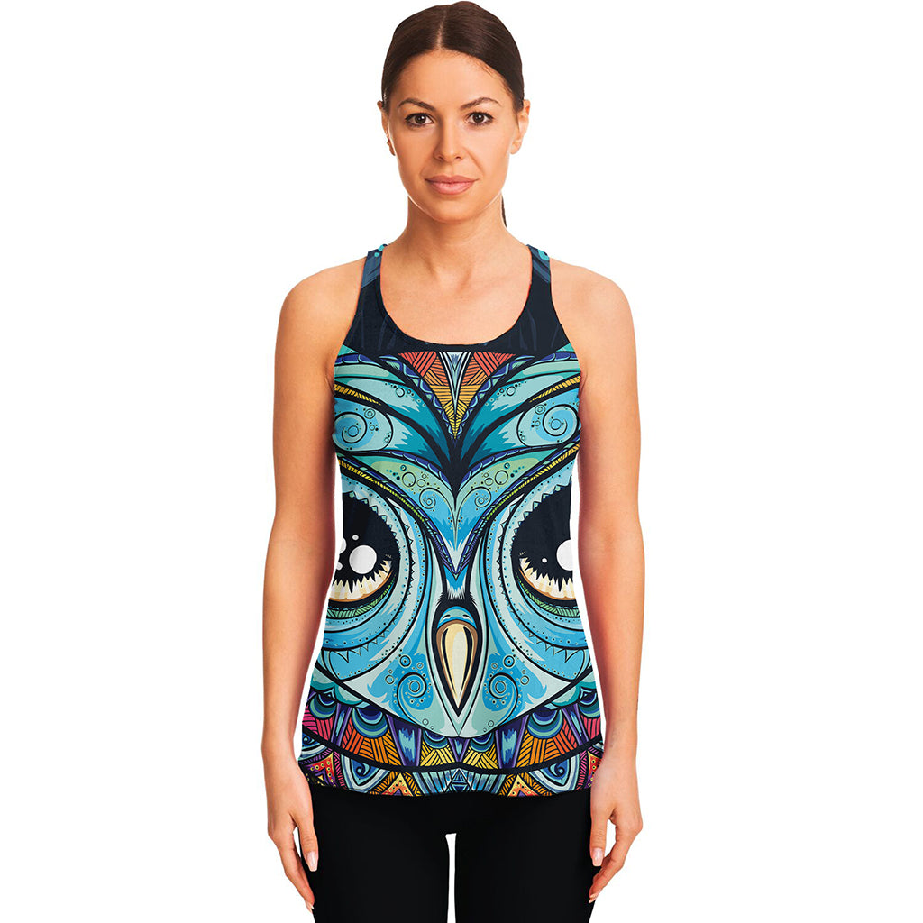 Colorful Tribal Owl Print Women's Racerback Tank Top