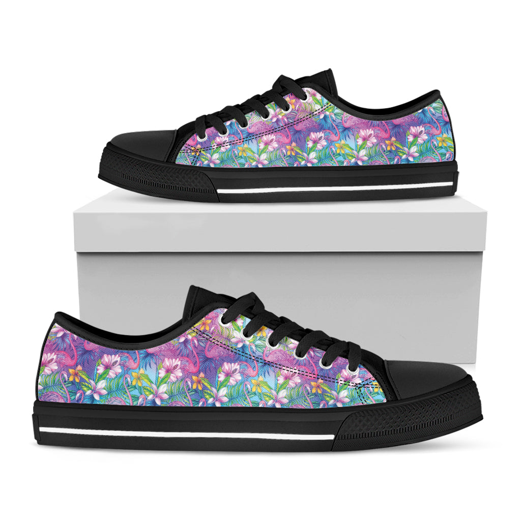 Colorful Tropical Flamingo Print Black Low Top Shoes