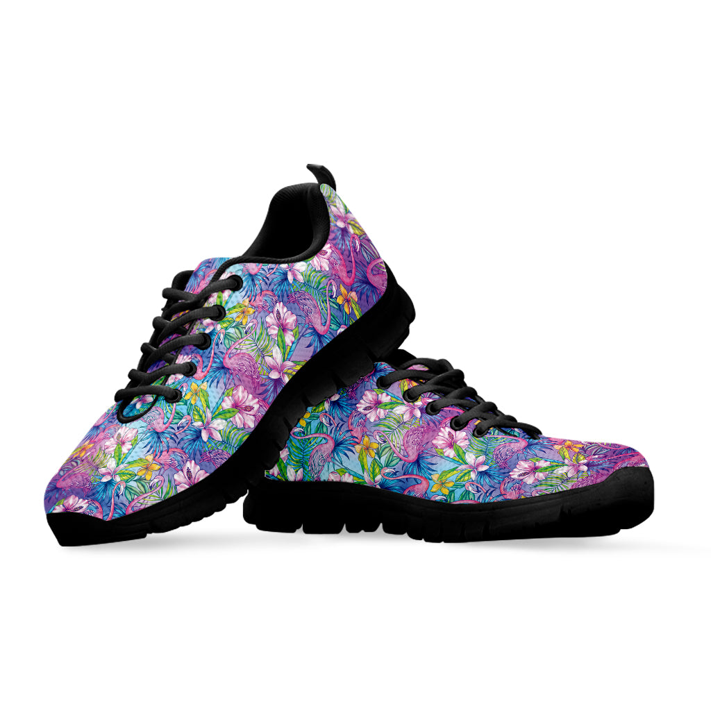 Colorful Tropical Flamingo Print Black Sneakers