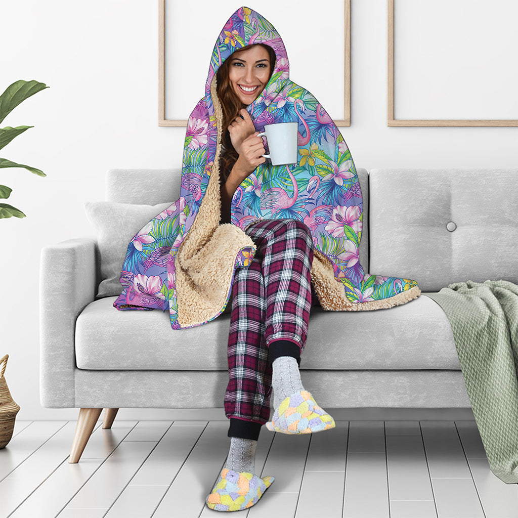 Colorful Tropical Flamingo Print Hooded Blanket