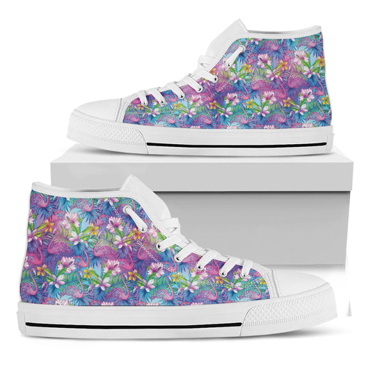 Colorful Tropical Flamingo Print White High Top Shoes