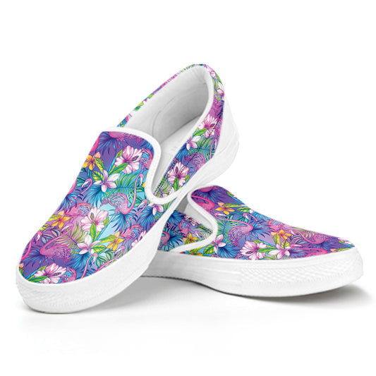 Colorful Tropical Flamingo Print White Slip On Shoes