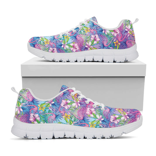 Colorful Tropical Flamingo Print White Sneakers