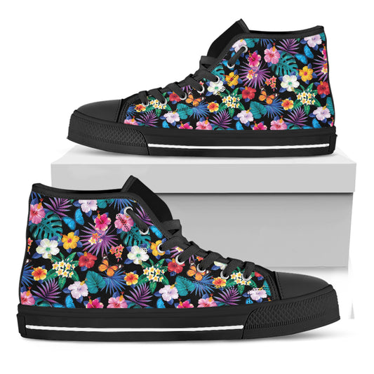 Colorful Tropical Jungle Hawaiian Print Black High Top Shoes