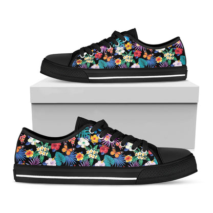 Colorful Tropical Jungle Hawaiian Print Black Low Top Shoes