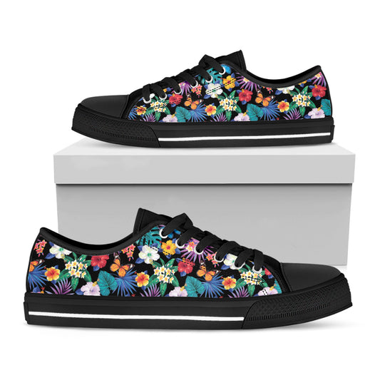 Colorful Tropical Jungle Hawaiian Print Black Low Top Shoes