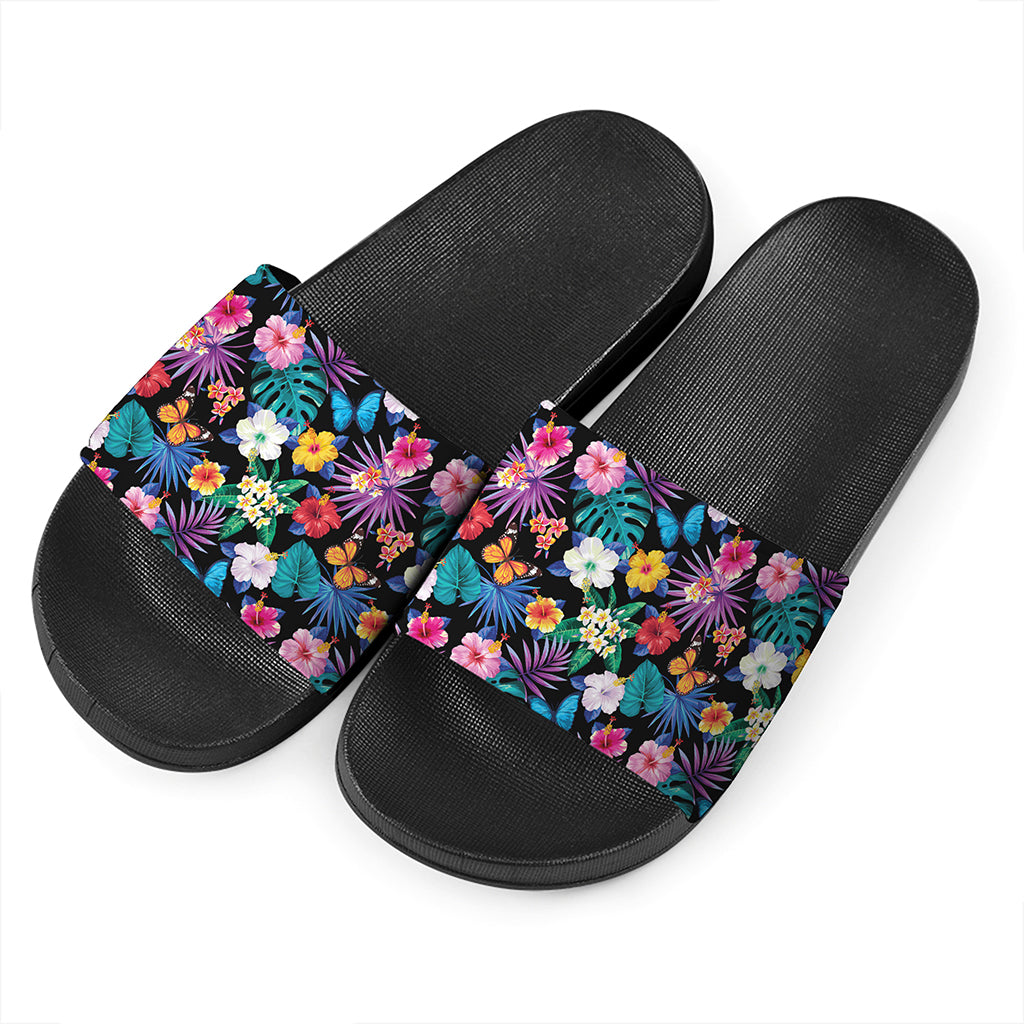Colorful Tropical Jungle Hawaiian Print Black Slide Sandals