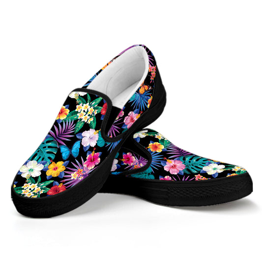 Colorful Tropical Jungle Hawaiian Print Black Slip On Shoes