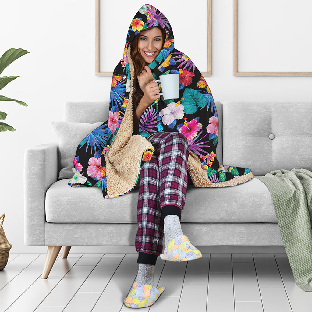 Colorful Tropical Jungle Hawaiian Print Hooded Blanket