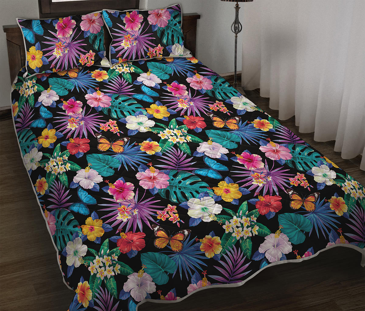 Colorful Tropical Jungle Hawaiian Print Quilt Bed Set