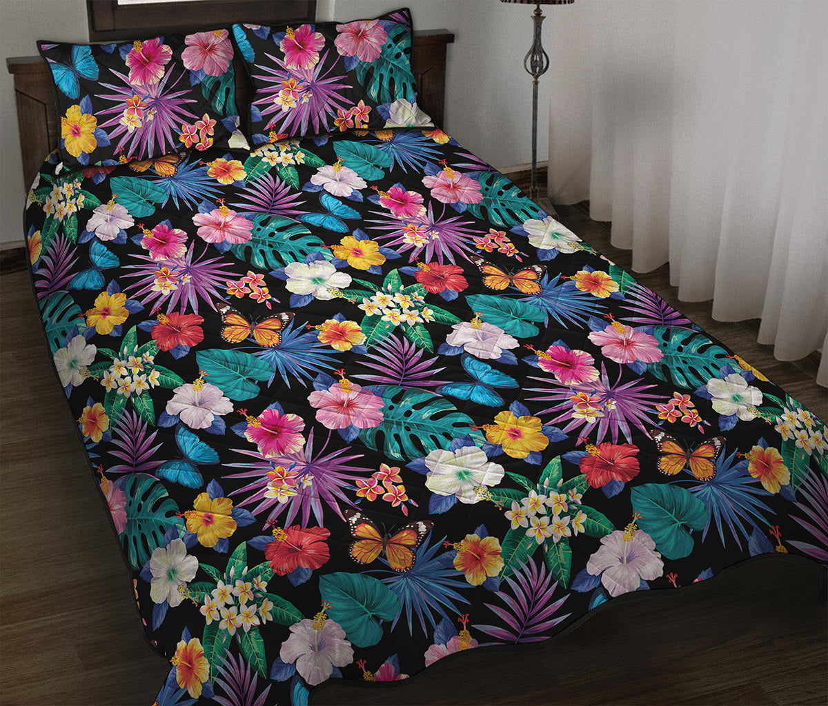 Colorful Tropical Jungle Hawaiian Print Quilt Bed Set