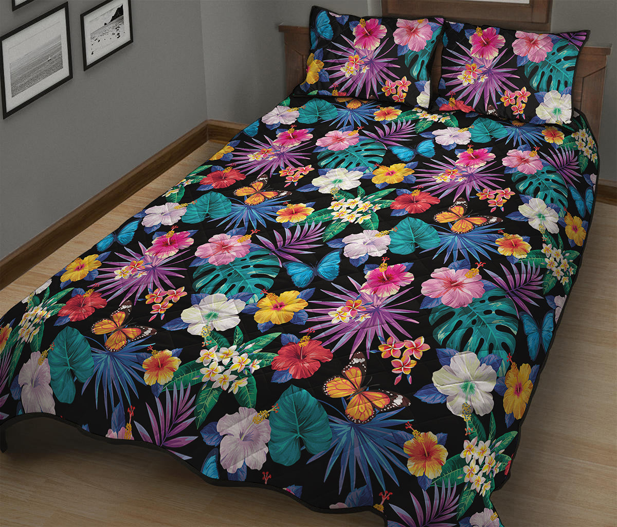Colorful Tropical Jungle Hawaiian Print Quilt Bed Set