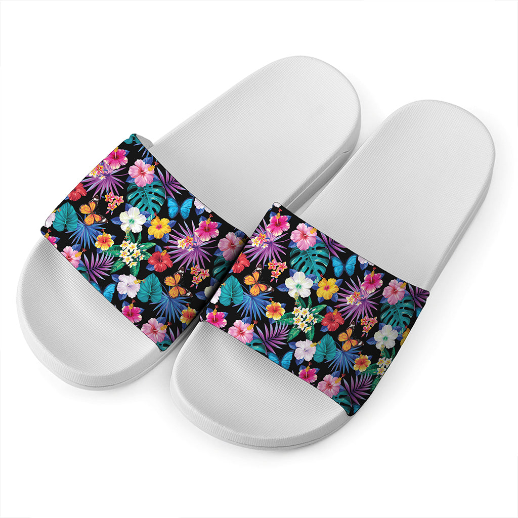 Colorful Tropical Jungle Hawaiian Print White Slide Sandals