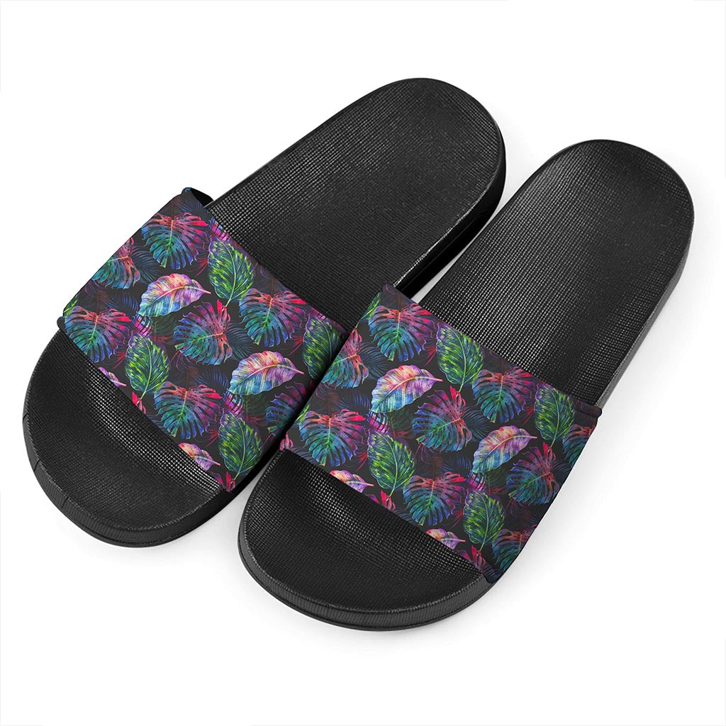 Colorful Tropical Leaves Pattern Print Black Slide Sandals