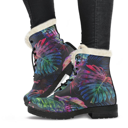 Colorful Tropical Leaves Pattern Print Comfy Boots GearFrost