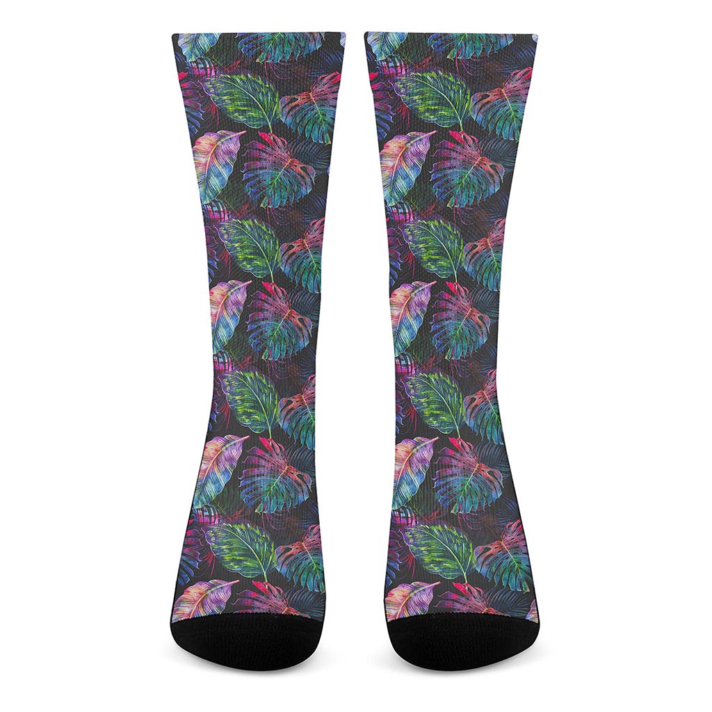 Colorful Tropical Leaves Pattern Print Crew Socks
