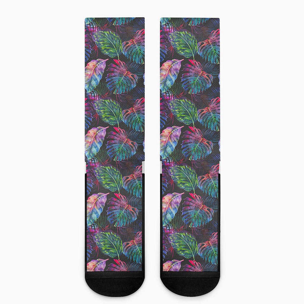 Colorful Tropical Leaves Pattern Print Crew Socks