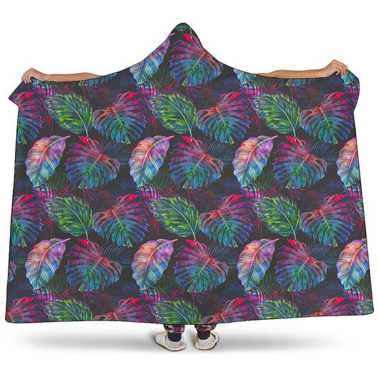 Colorful Tropical Leaves Pattern Print Hooded Blanket