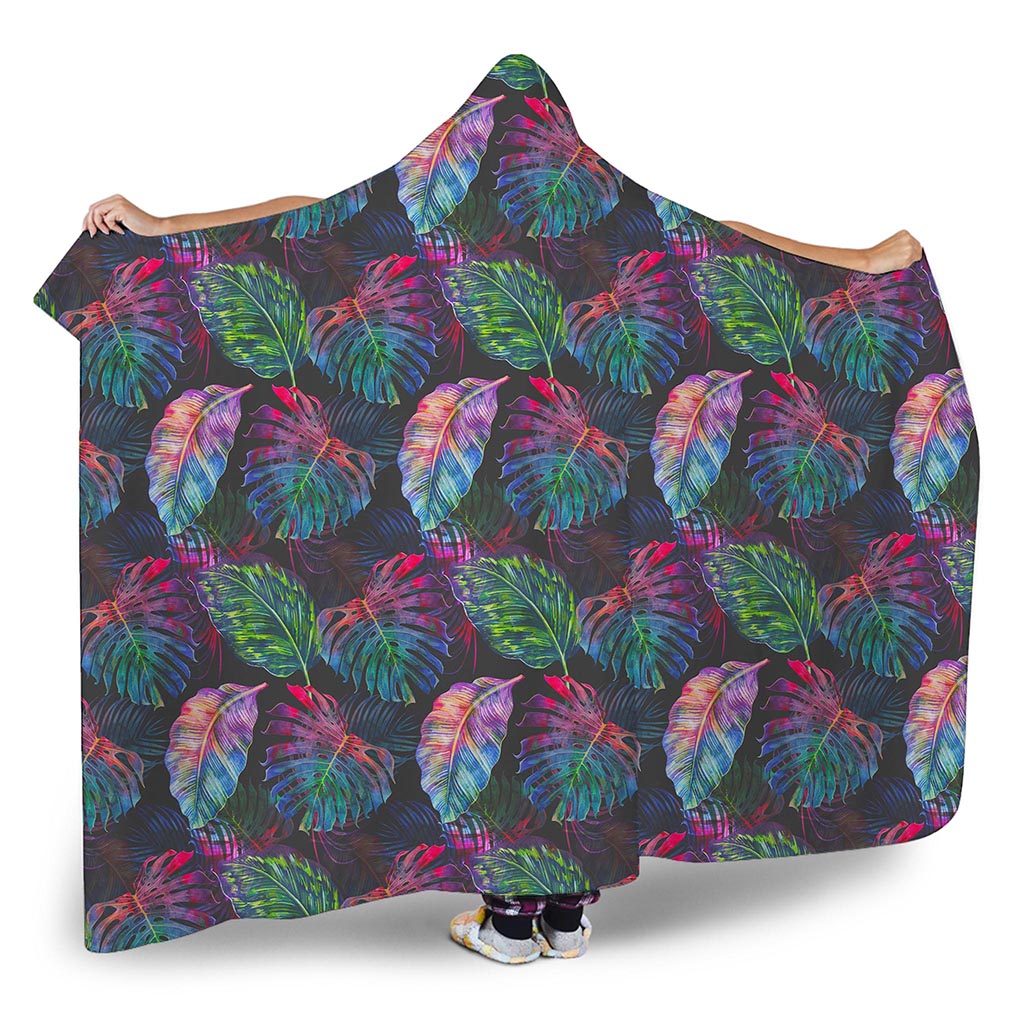 Colorful Tropical Leaves Pattern Print Hooded Blanket