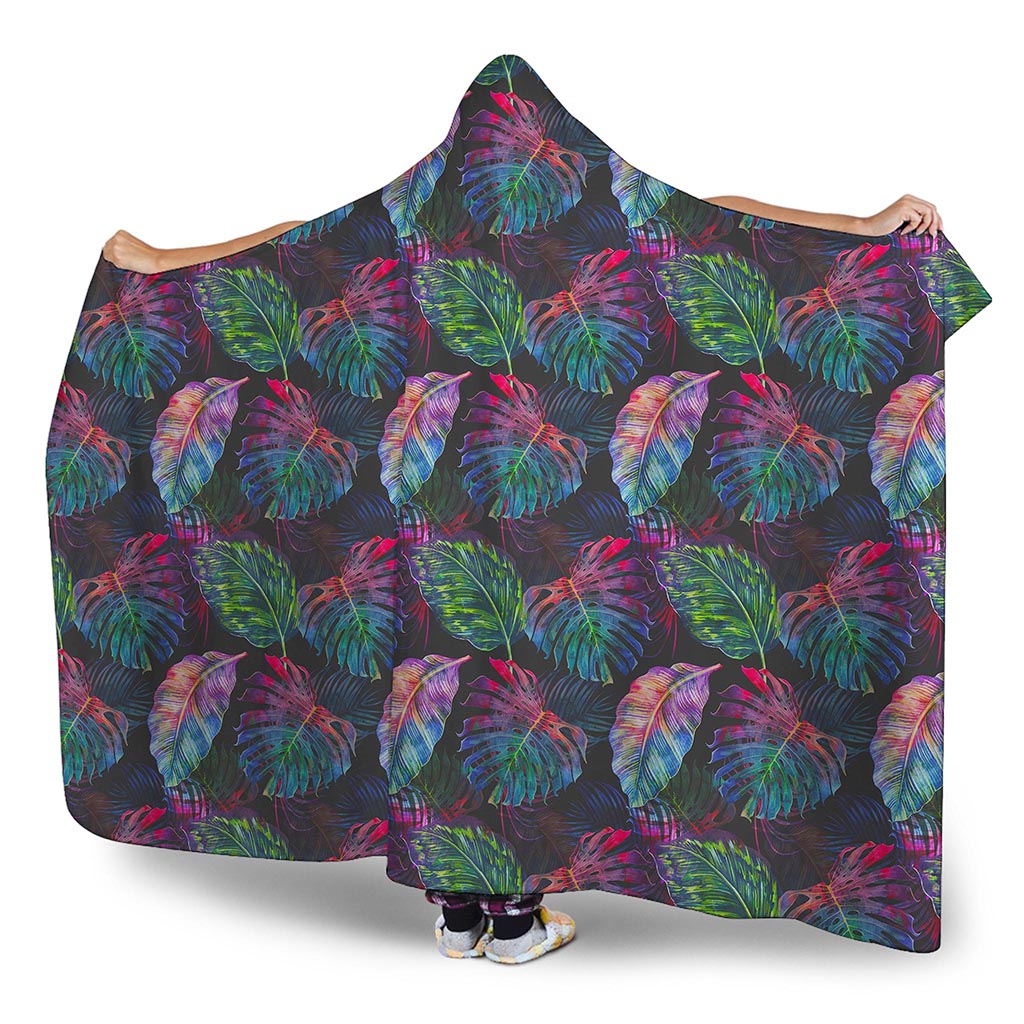 Colorful Tropical Leaves Pattern Print Hooded Blanket