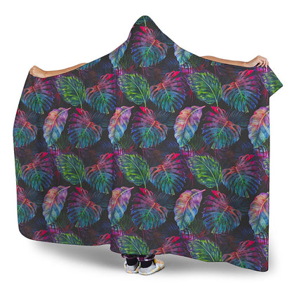 Colorful Tropical Leaves Pattern Print Hooded Blanket