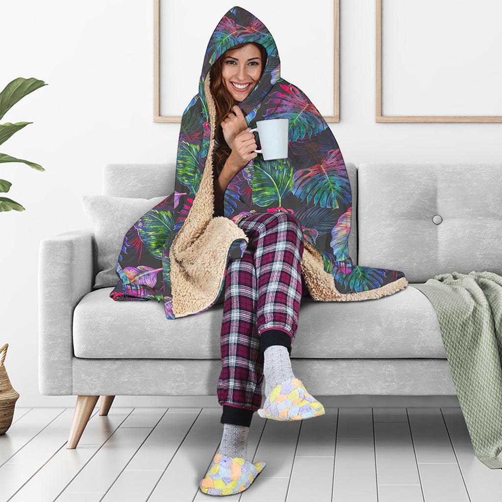 Colorful Tropical Leaves Pattern Print Hooded Blanket