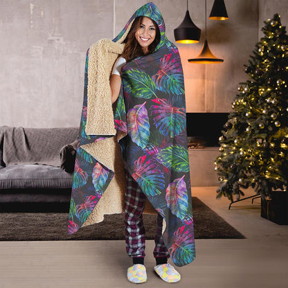 Colorful Tropical Leaves Pattern Print Hooded Blanket