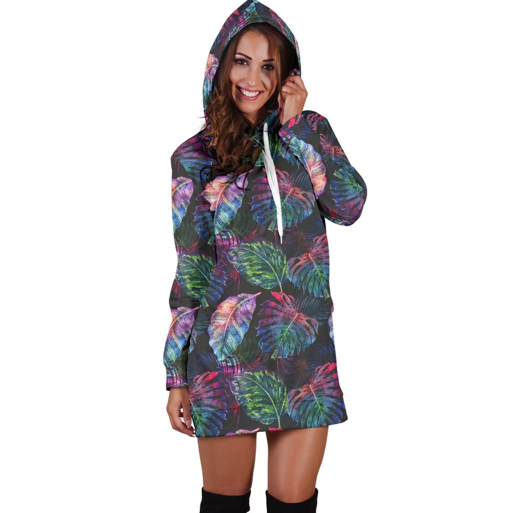 Colorful Tropical Leaves Pattern Print Hoodie Dress GearFrost