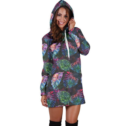 Colorful Tropical Leaves Pattern Print Hoodie Dress GearFrost