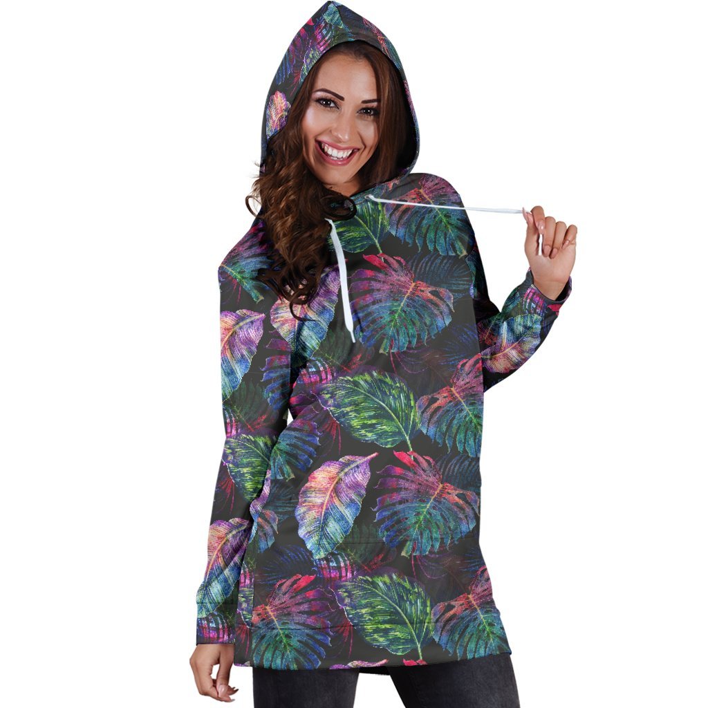 Colorful Tropical Leaves Pattern Print Hoodie Dress GearFrost