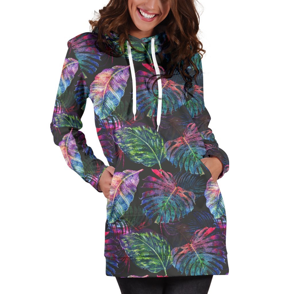 Colorful Tropical Leaves Pattern Print Hoodie Dress GearFrost