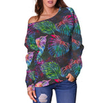 Colorful Tropical Leaves Pattern Print Off Shoulder Sweatshirt GearFrost