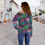 Colorful Tropical Leaves Pattern Print Off Shoulder Sweatshirt GearFrost