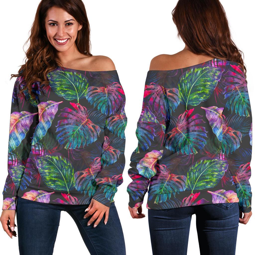 Colorful Tropical Leaves Pattern Print Off Shoulder Sweatshirt GearFrost
