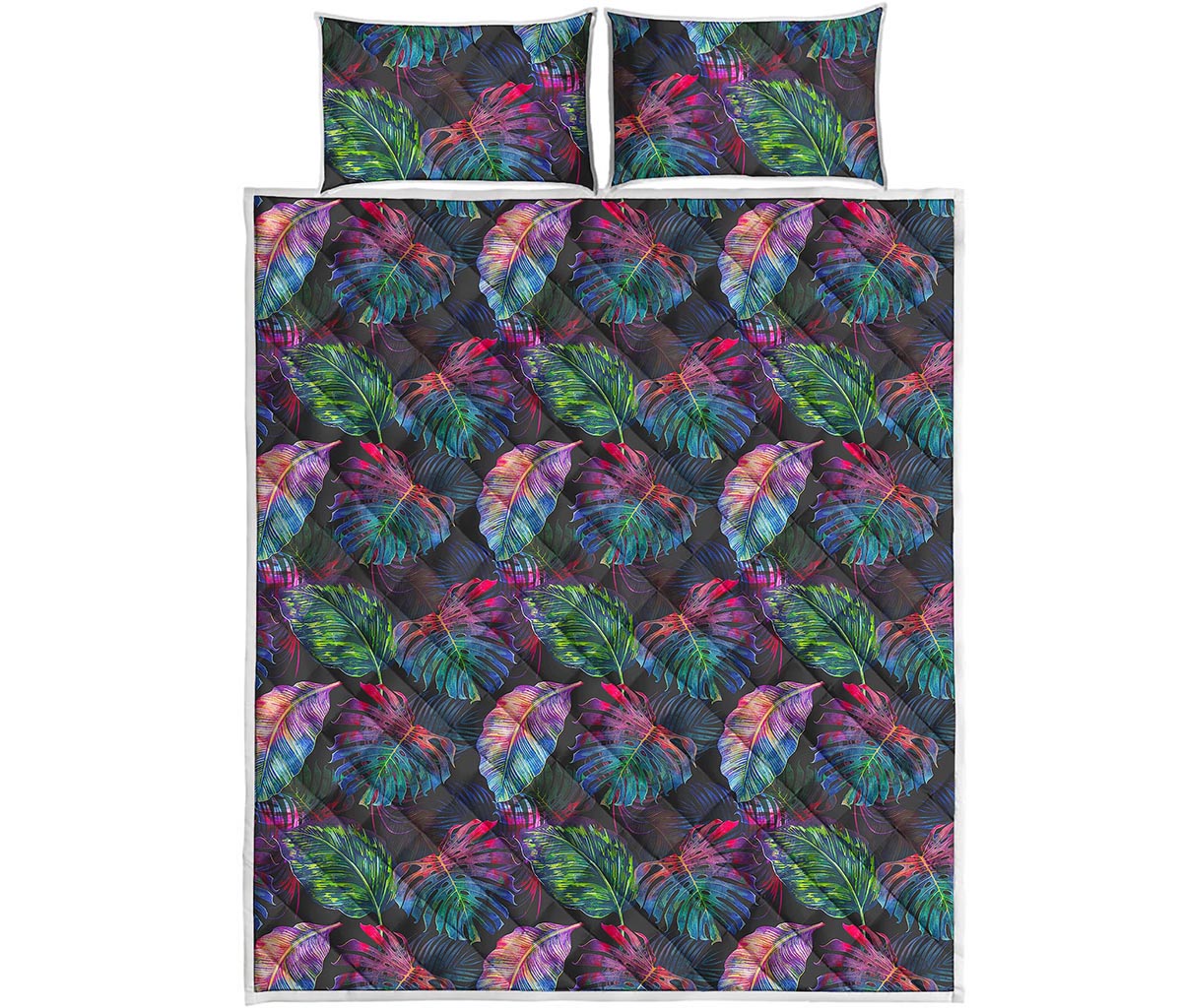 Colorful Tropical Leaves Pattern Print Quilt Bed Set
