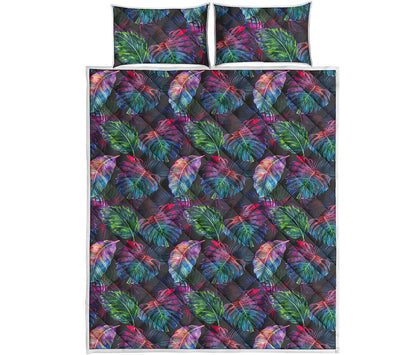 Colorful Tropical Leaves Pattern Print Quilt Bed Set