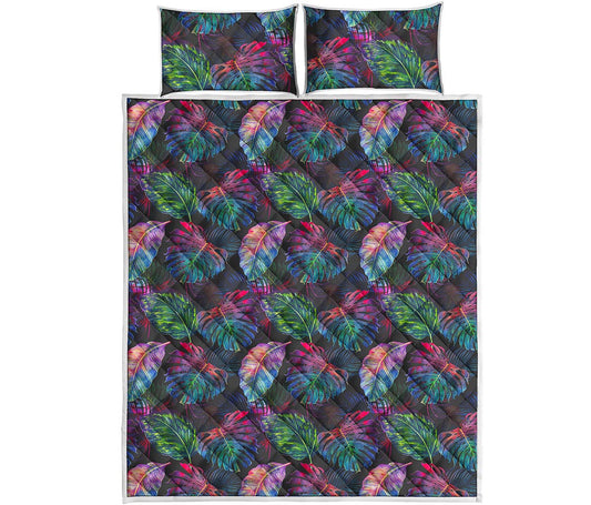 Colorful Tropical Leaves Pattern Print Quilt Bed Set