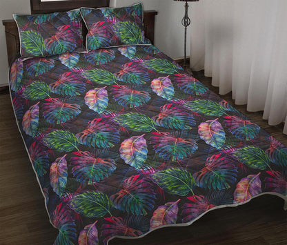 Colorful Tropical Leaves Pattern Print Quilt Bed Set