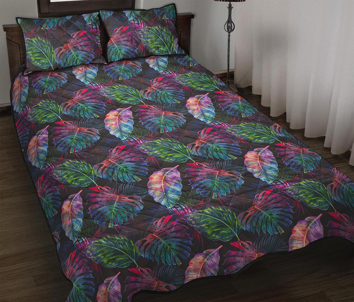 Colorful Tropical Leaves Pattern Print Quilt Bed Set