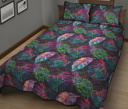 Colorful Tropical Leaves Pattern Print Quilt Bed Set