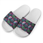 Colorful Tropical Leaves Pattern Print White Slide Sandals