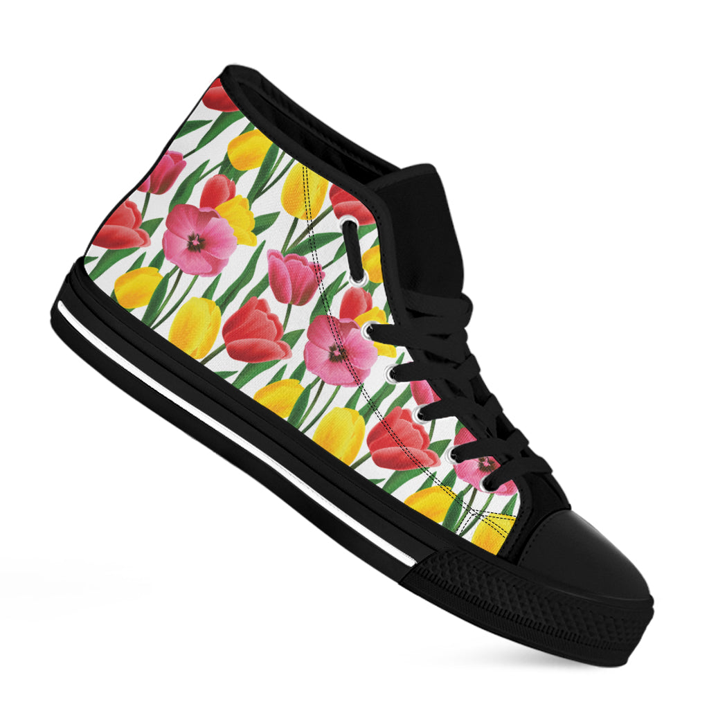 Colorful Tulip Pattern Print Black High Top Shoes